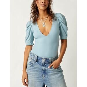 Free People Va Va Voop Bodysuit Blue Puff Sleeve Deep V NWOT Size M